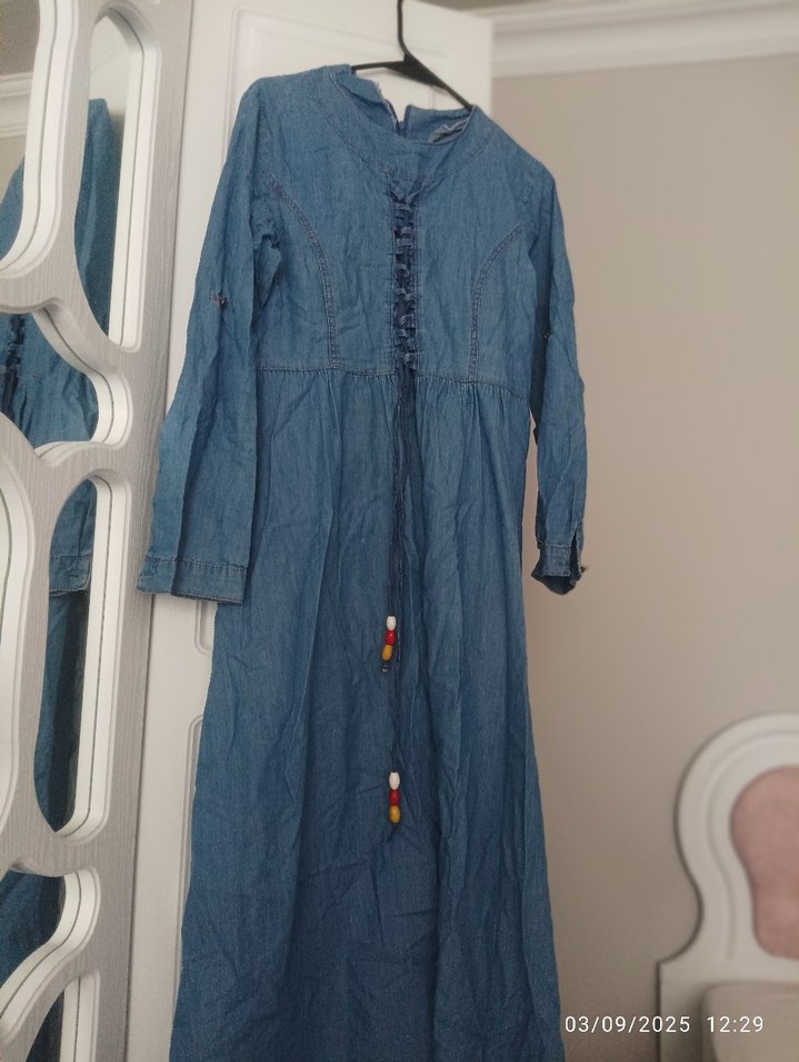 Düğmeli Bohem Uzun Kot Elbise - Görsel 2