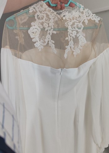 Dantel Detaylı Uzun Kollu Beyaz Nişan Elbisesi - Görsel 10