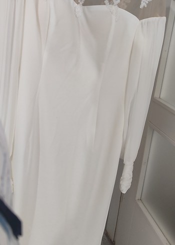 Dantel Detaylı Uzun Kollu Beyaz Nişan Elbisesi - Görsel 8