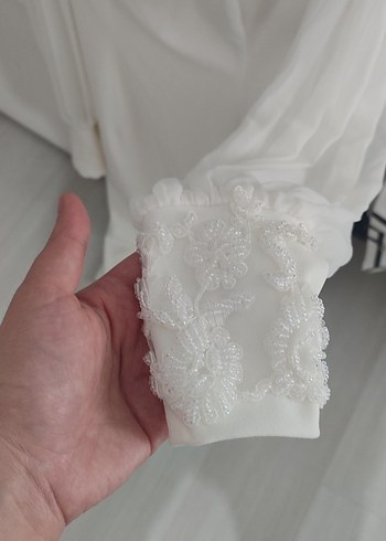 Dantel Detaylı Uzun Kollu Beyaz Nişan Elbisesi - Görsel 11