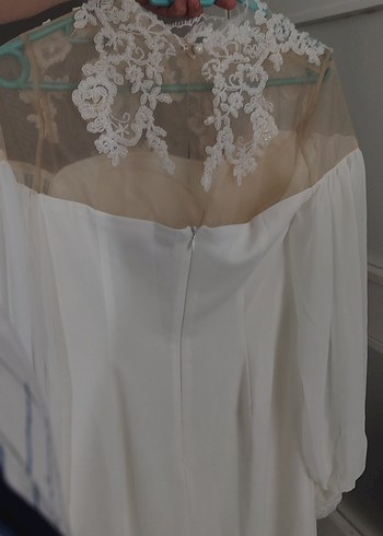 Dantel Detaylı Uzun Kollu Beyaz Nişan Elbisesi - Görsel 3