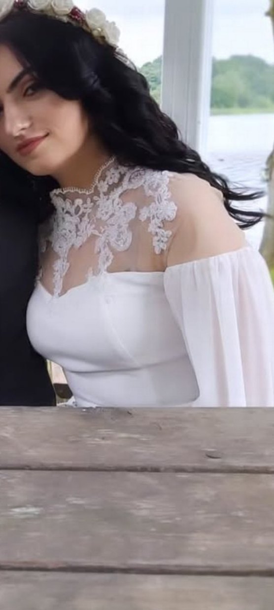 Dantel Detaylı Uzun Kollu Beyaz Nişan Elbisesi - Görsel 2