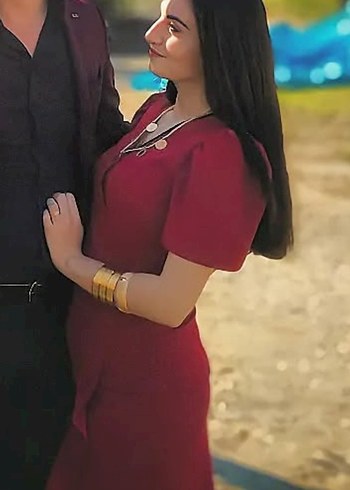 Bordo V Yaka Drapeli Midi Elbise - Görsel 2