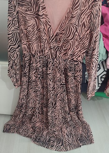 Zebra Desenli Pembe midi boy elbise - Görsel 3