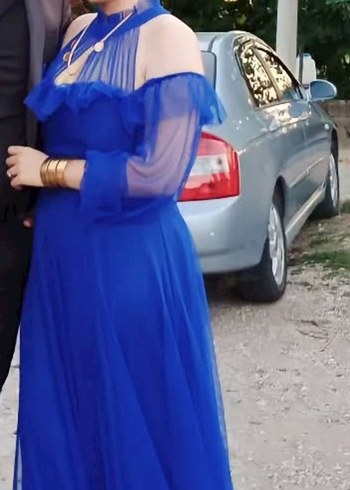 Uzun Kollu Drapeli Mavi Abiye Elbise - Görsel 4