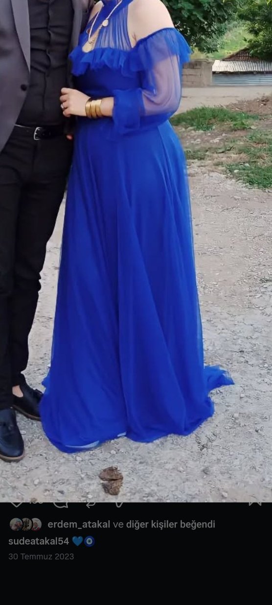 Uzun Kollu Drapeli Mavi Abiye Elbise - Görsel 3