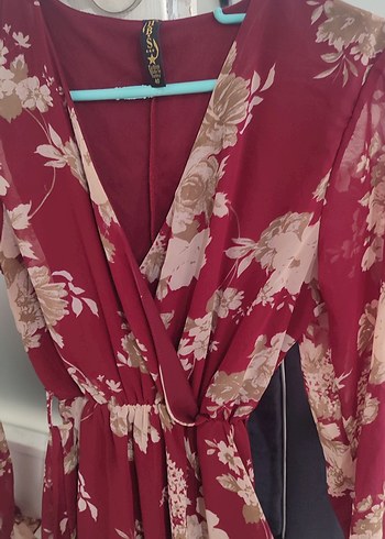 Bordo Çiçek Desenli Uzun Bohem Elbise - Görsel 7