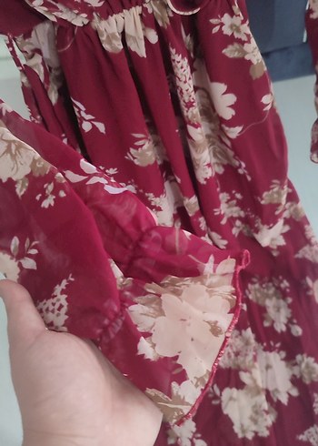 Bordo Çiçek Desenli Uzun Bohem Elbise - Görsel 5