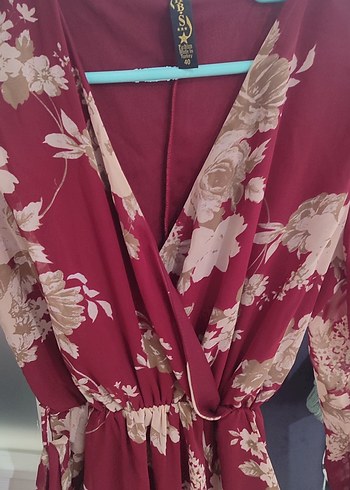 Bordo Çiçek Desenli Uzun Bohem Elbise - Görsel 6