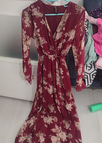 Bordo Çiçek Desenli Uzun Bohem Elbise - Görsel 3