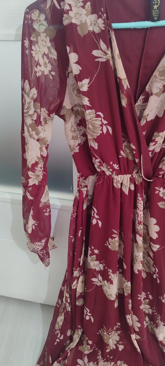 Bordo Çiçek Desenli Uzun Bohem Elbise - Görsel 4