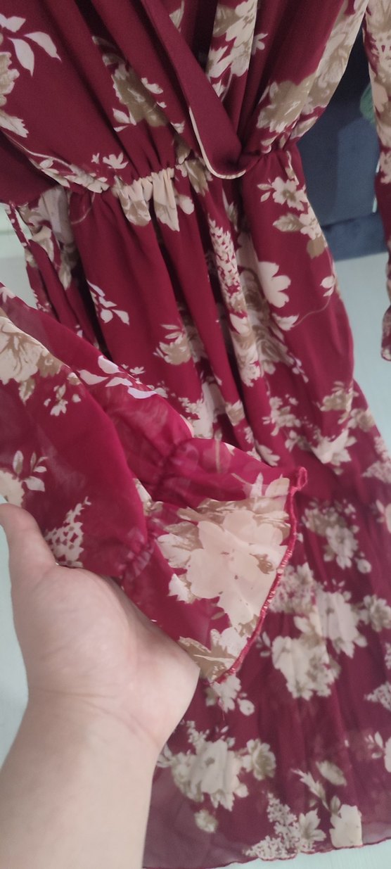 Bordo Çiçek Desenli Uzun Bohem Elbise - Görsel 5