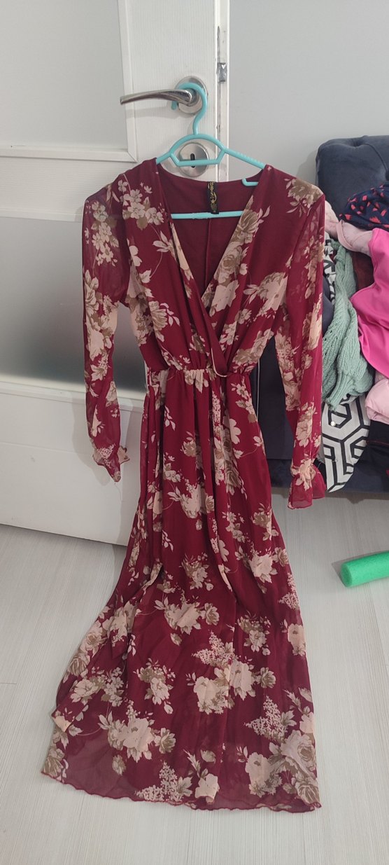 Bordo Çiçek Desenli Uzun Bohem Elbise - Görsel 3