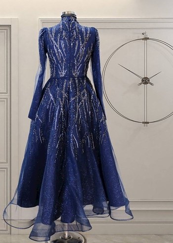 İnci İşlemeli Mavi Uzun Abiye Elbise - Görsel 2