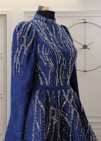 İnci İşlemeli Mavi Uzun Abiye Elbise - Görsel 4