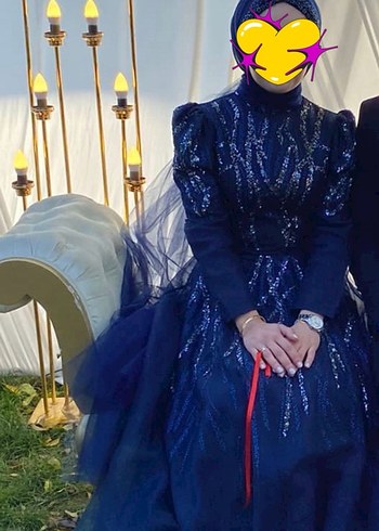 İnci İşlemeli Mavi Uzun Abiye Elbise - Görsel 5