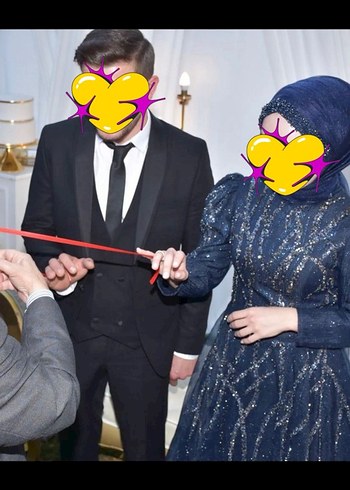 İnci İşlemeli Mavi Uzun Abiye Elbise - Görsel 6