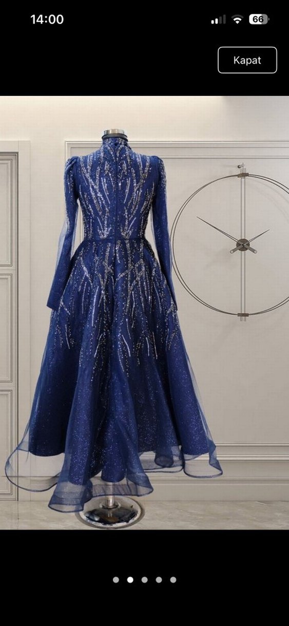 İnci İşlemeli Mavi Uzun Abiye Elbise - Görsel 2