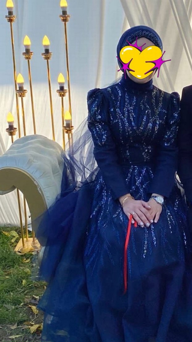 İnci İşlemeli Mavi Uzun Abiye Elbise - Görsel 5