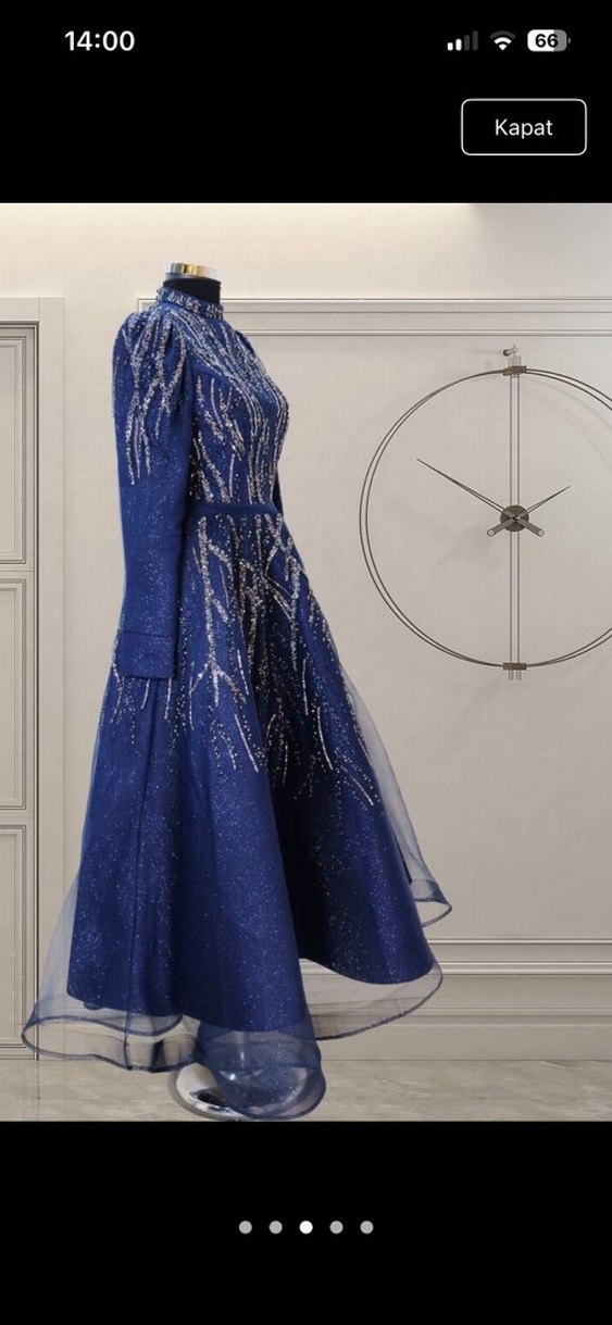 İnci İşlemeli Mavi Uzun Abiye Elbise - Görsel 3