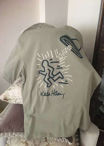 m Beden haki Renk Keith Haring Boxy Fit,Sırt Baskılı,Kısa Kollu Tshirt