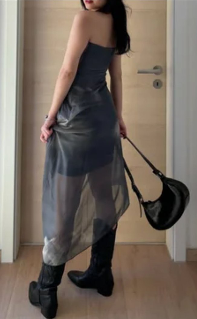 Gri Bulut Desenli Asimetrik Elbise - Görsel 3