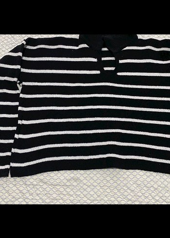 Gri Çizgili Boğazlı Kadın Triko Kazak - Görsel 2