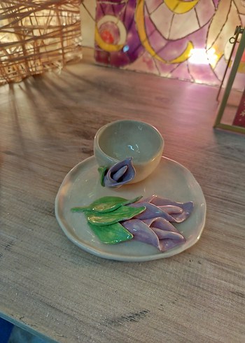 Çiçekli Seramik Fincan ve Tabak sıfır ürün - Görsel 2