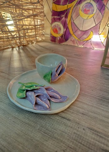 Çiçekli Seramik Fincan ve Tabak sıfır ürün - Görsel 3