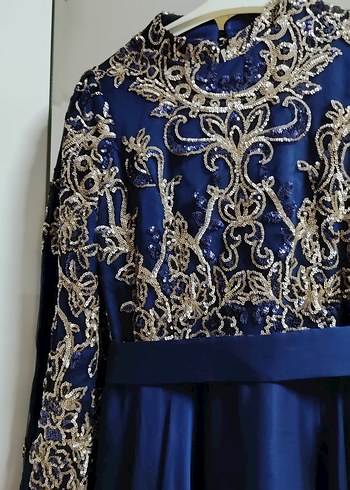 Lacivert İşlemeli Uzun Abiye Elbise - Görsel 6