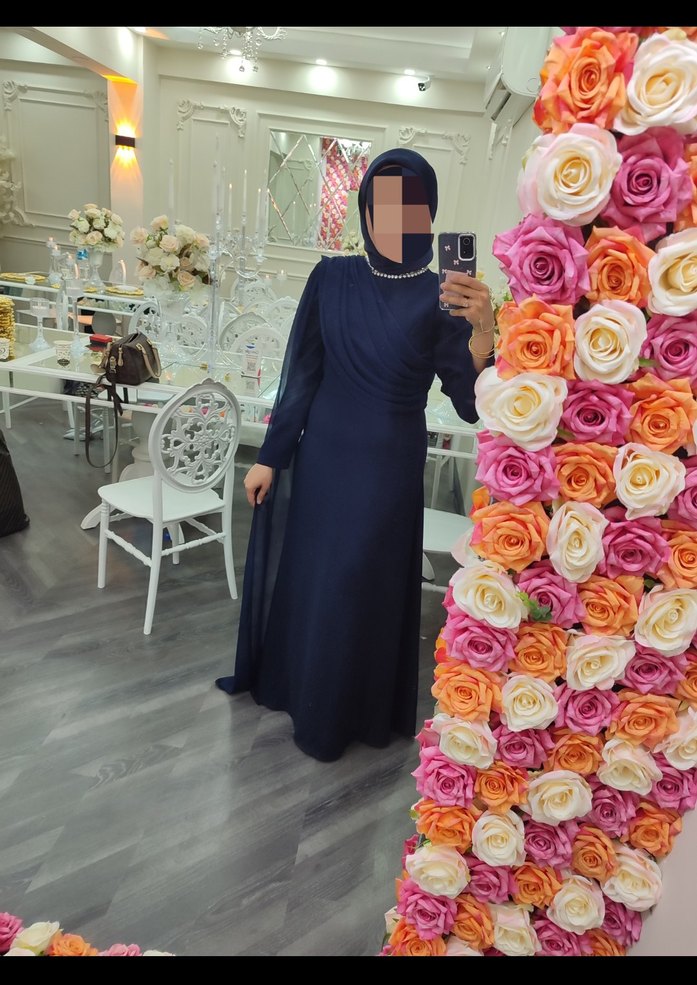 Uzun Kollu Lacivert Drapeli Abiye Elbise 1kez gıyıldı - Görsel 2