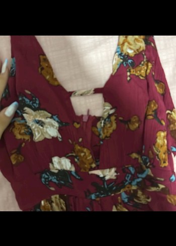 Bordo Çiçekli Bohem V Yaka Tulum - Görsel 2