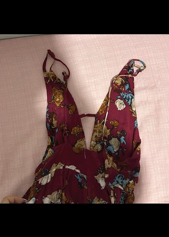 Bordo Çiçekli Bohem V Yaka Tulum - Görsel 3