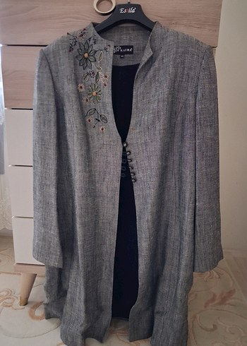Nakışlı Gri Uzun ceket - Görsel 4