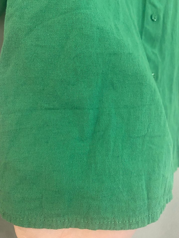 Düğmeli Kısa Kol Yeşil Keten Gömlek - Görsel 3