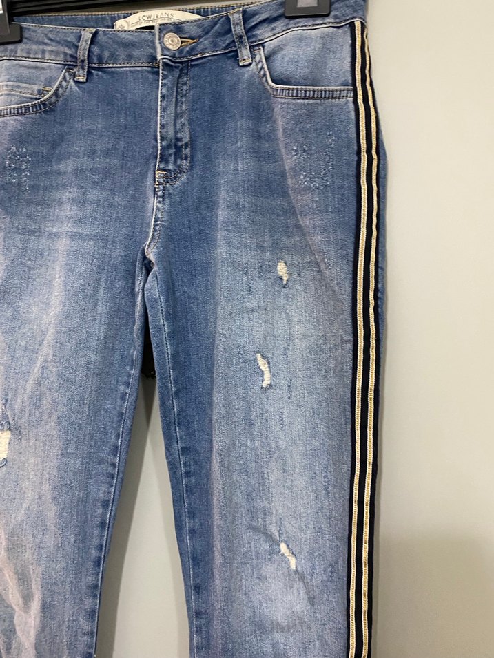 Zincir Detaylı Çizgili Mavi Kadın Kot Pantolon - Görsel 4