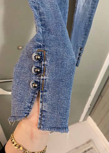Nakışlı Gri Mavi Düğmeli Kadın Denim Pantolon - Görsel 2