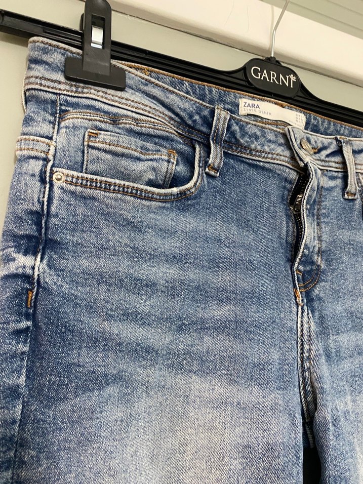 Nakışlı Gri Mavi Düğmeli Kadın Denim Pantolon - Görsel 4