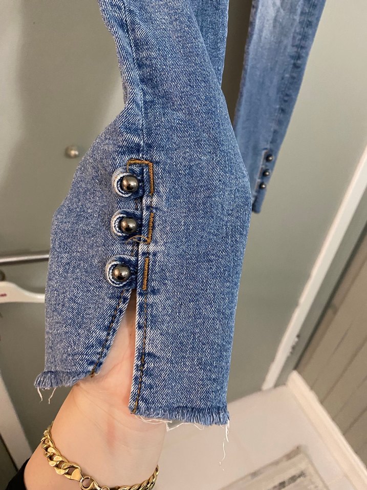 Nakışlı Gri Mavi Düğmeli Kadın Denim Pantolon - Görsel 2
