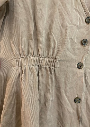 Bej Keten Düğmeli Uzun Kadın Elbise - Görsel 3