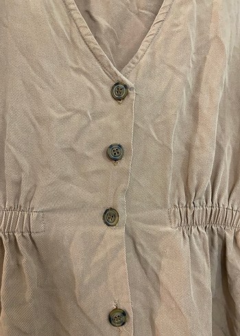 Bej Keten Düğmeli Uzun Kadın Elbise - Görsel 4