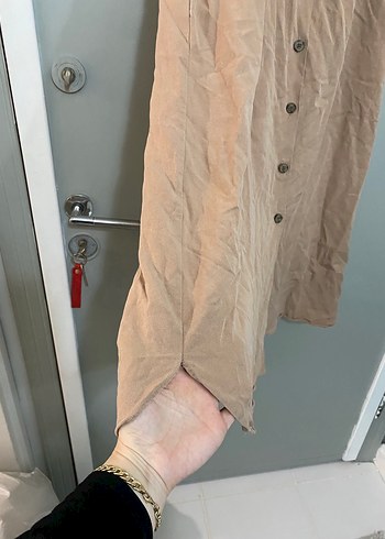 Bej Keten Düğmeli Uzun Kadın Elbise - Görsel 5