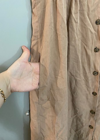 Bej Keten Düğmeli Uzun Kadın Elbise - Görsel 6