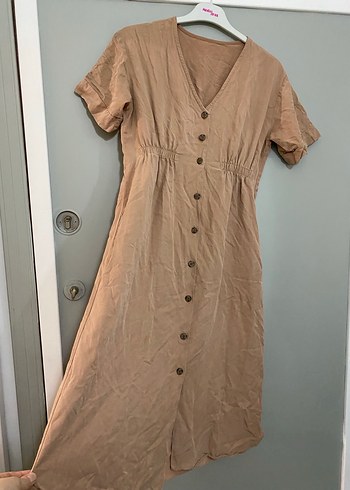 Bej Keten Düğmeli Uzun Kadın Elbise - Görsel 2