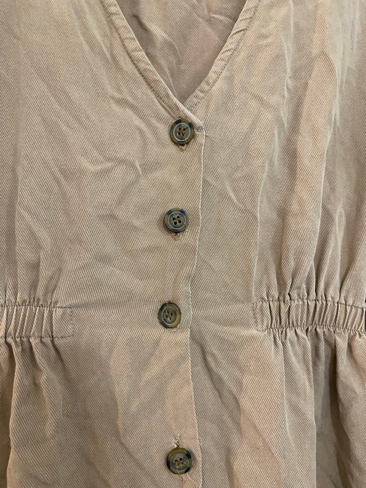 Bej Keten Düğmeli Uzun Kadın Elbise - Görsel 4