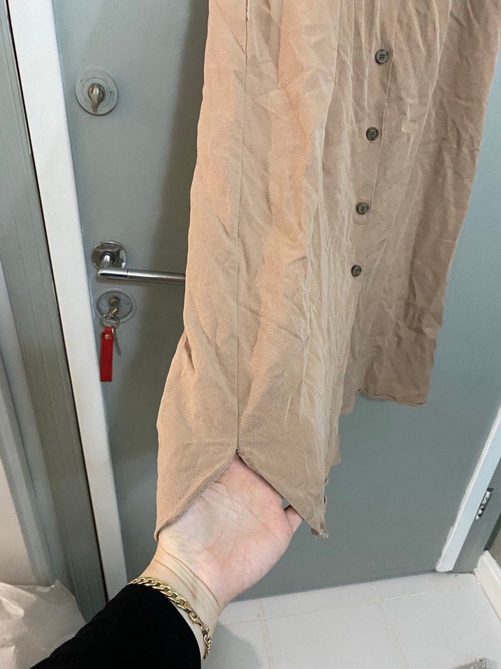 Bej Keten Düğmeli Uzun Kadın Elbise - Görsel 5