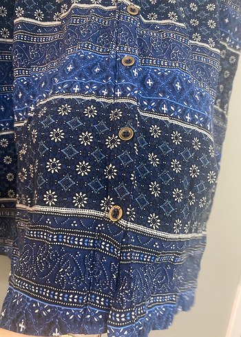 Düğmeli Mavi Desenli Midi Bohem Etek - Görsel 2