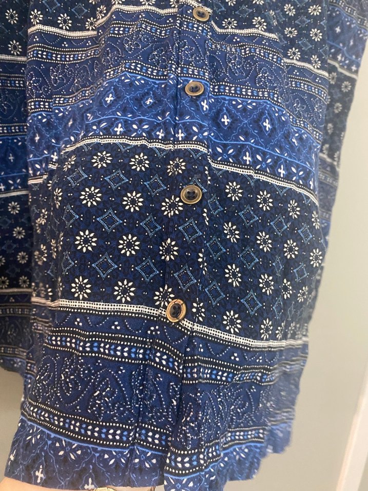 Düğmeli Mavi Desenli Midi Bohem Etek - Görsel 2