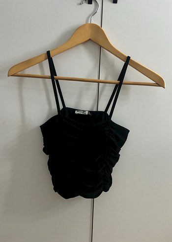 Kadın Siyah Büzgülü Askılı Mini Büstiyer - Görsel 2