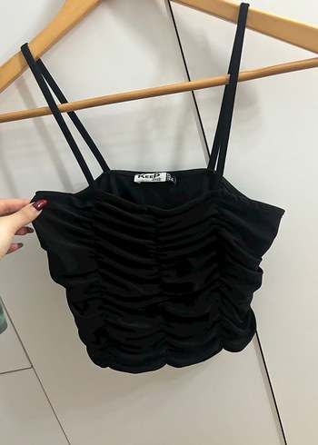 Kadın Siyah Büzgülü Askılı Mini Büstiyer - Görsel 3